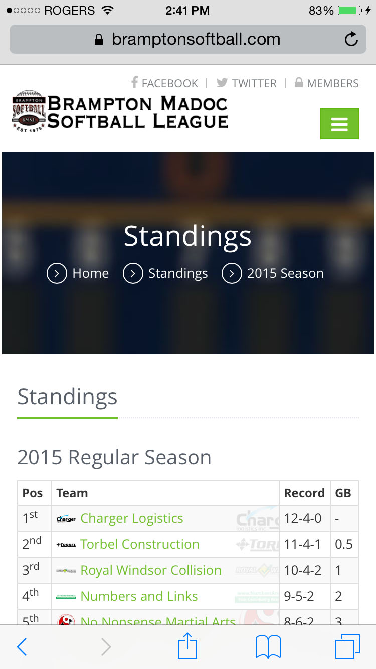 Mobile Standings Page